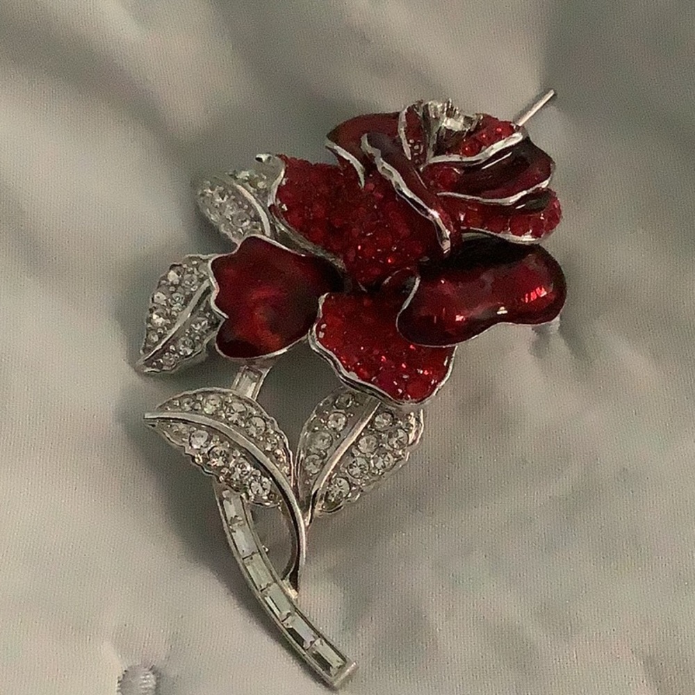 Nolan Miller Red Rose Pin/ Brooch, Red enamel with clear rhinestones Nancy Rose